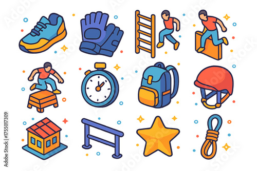 Parkour Icon Collection. Parkour Training. Colorful isometric vector icons set of parkour training: sneakers, gloves, ladder, wall jump, vault, stopwatch,