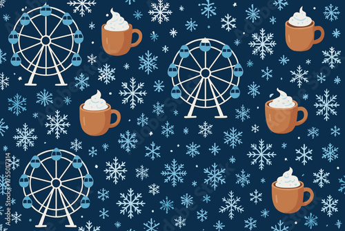 Winter festivities celebration features ferris wheel and hot cocoa against a snowy background