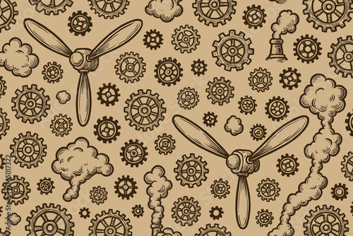 Steampunk illustration featuring gears, propellers, and whimsical smoke on a textured background