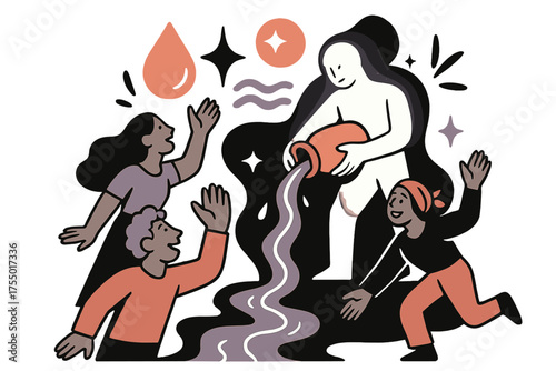 Water Blessing Ceremony. Water blessing. Glowing figure pouring water into river as community gathers around. Floating icons of droplet, sparkle, and wave