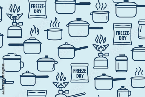 Cooking tools and freeze-dried foods create a unique kitchen pattern background in a light blue setting