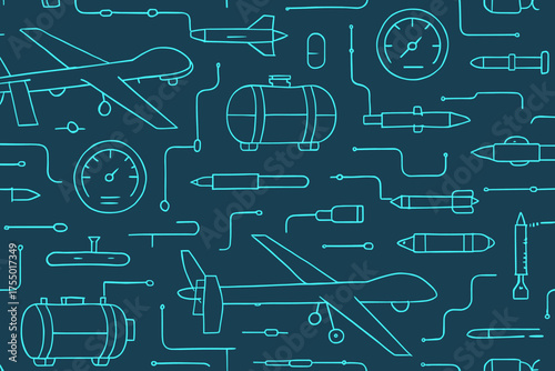 Drone designs and military equipment illustrations in blue and teal on dark background
