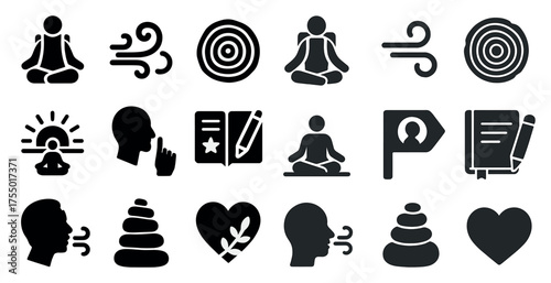 Meditation and mindfulness solid icons set – filled, calm, spiritual practice symbols