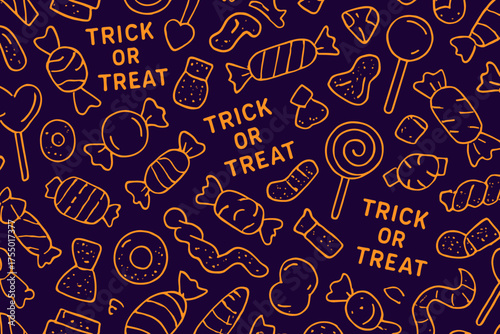 Colorful Halloween candy pattern with trick or treat elements for festive designs and inspiration