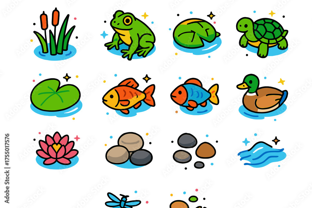 Naklejka premium Colorful Streamside Icons. Streamside. Colorful isometric vector icons set of streamside: reeds, cattails, frog, turtle, lily pad, fish, duck, flower, stones,