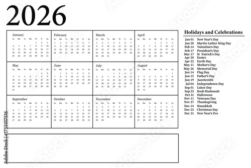 2026 yearly calendar grid with holidays and notes section. 2026 calendar with holidays and celebrations