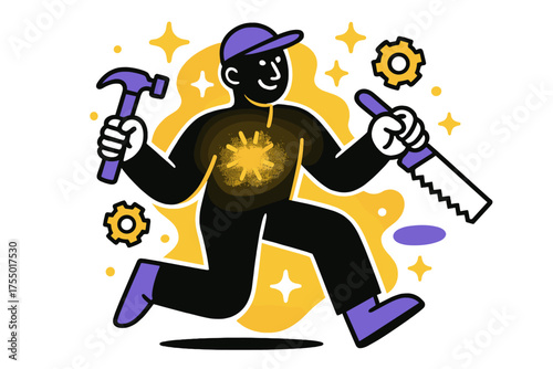 Glowing Carpentry Craft. Skilled Hands. A glowing carpenter using tools, abstract floating spark and gear shapes symbolizing craft and dedication. Modern
