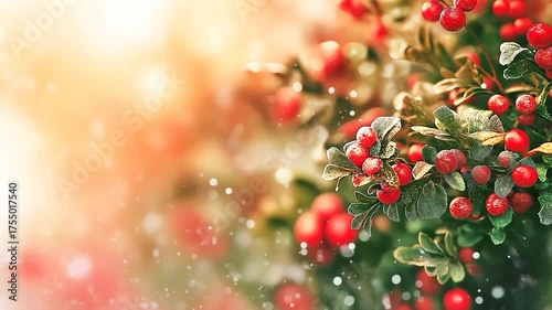 Soft-focus 3D background featuring festive red berries and greenery, perfect for holiday, Christmas, and winter-themed visuals. Ideal for greetings, decorations, and seasonal projects.