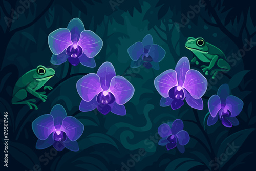 Frogs resting among glowing orchids in a vibrant jungle at night