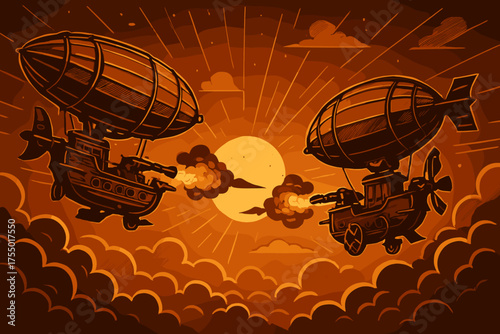 Fantasy airships engage in battle against a backdrop of clouds and a setting sun in a bold artistic style