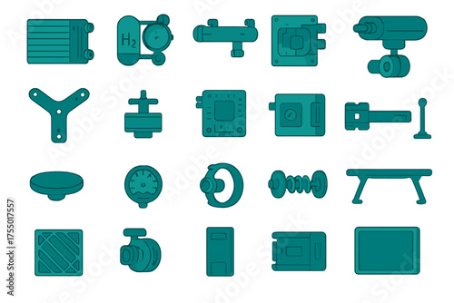 Collection of industrial equipment parts displayed on a white background for technical analysis and design purposes