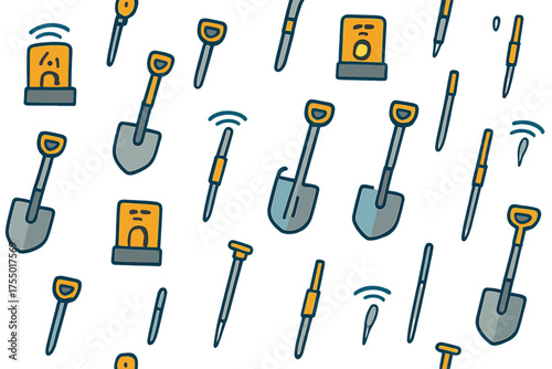 Fun pattern featuring digging tools and smiley faces in a playful design perfect for craft or educational purposes