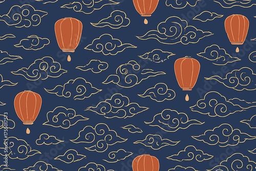 Colorful hot air balloons float among artistic clouds in a deep blue sky pattern