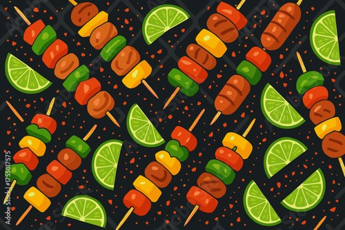 Colorful skewers of vegetables and meats with lime slices arranged on a dark background
