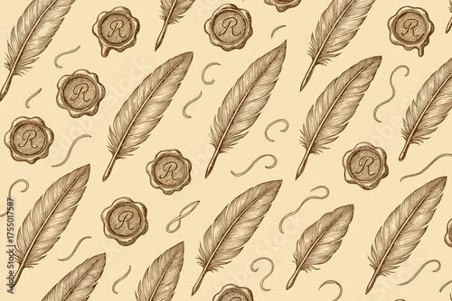 Intricate design of feathers and wax seals on a soft beige background creates a vintage charm for stationery or decor