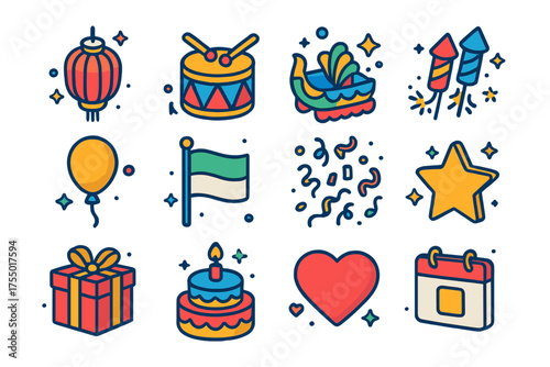 Cultural Holiday Icons. Cultural Holidays. Colorful isometric vector icons set of cultural holidays: lantern, drum, parade float, fireworks, balloon, flag,