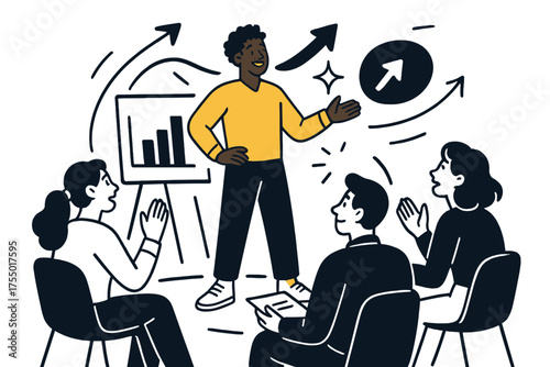 Confident Trainee Progress. Professional growth. Glowing trainee presenting confidently during advanced workshop. Floating icons of chart, sparkle, and arrow