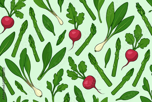 Fresh vegetables pattern featuring radishes, asparagus, and green onions on a light background