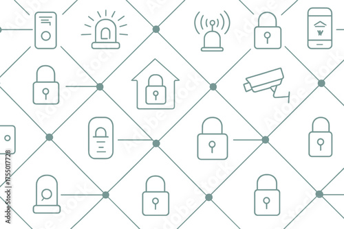 Various security icons representing home safety and surveillance technology in a modern design layout