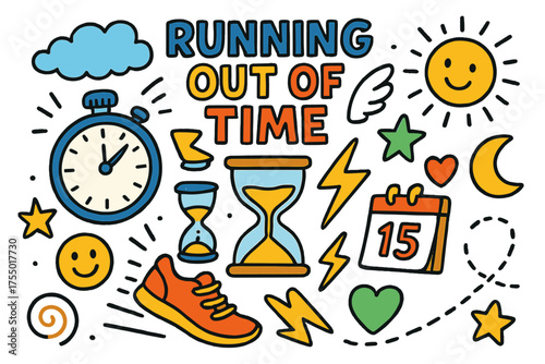 Time-themed Doodle Collection. Running Out of Time. Colorful Hand-drawn doodle Children illustration stopwatch, falling sand, running shoes, lightning bolt,