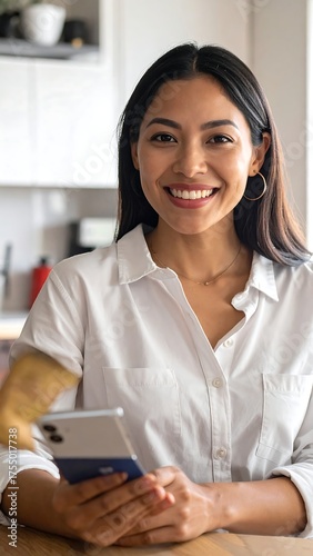 Woman smiling at camera, holding phone