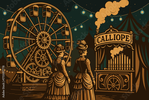 Two women admire a vintage calliope at a fairground with a Ferris wheel at night