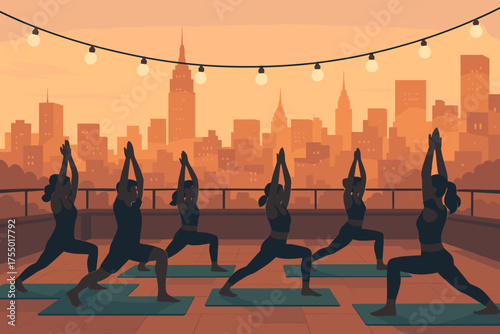 Group practicing yoga on rooftop during sunset with city skyline and string lights in the background