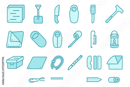 Tools and items for various activities displayed on a clean background to highlight their shapes and functions