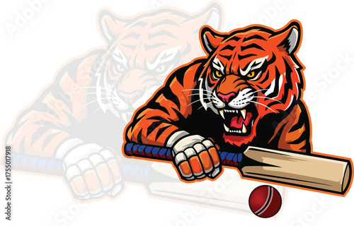 Fierce tiger mascot wielding cricket bat ready for sports action