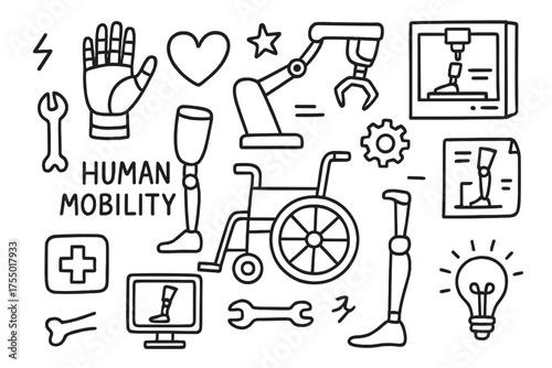 Human Mobility Innovations. Human mobility. Hand-drawn doodle illustration human mobility prosthetic hand, leg prosthetic, wheelchair, robotic arm, gear,