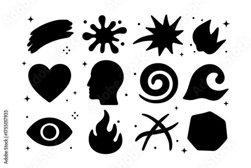 Expressionism Icons Grid. Expressionism. Solid icons set of Expressionism: brush stroke, splash, spiral, starburst, heart, face silhouette, swirl, wave, eye,