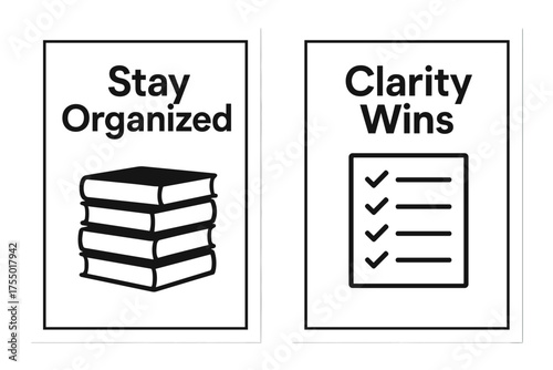 Organized Motivation Banners. Motivation. Two vertical A6 banners with safe margins, centered composition, no elements touching edges, flat vector design,