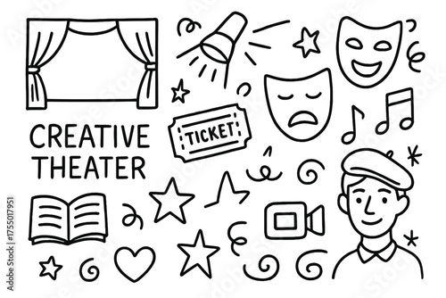 Theater Doodle Icons. Creative theater. Hand-drawn doodle illustration creative theater stage, spotlight, mask, comedy mask, tragedy mask, ticket, book, music