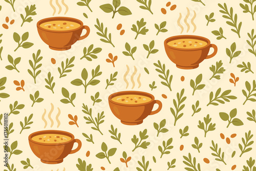 Warm bowls of soup surrounded by herbs on a light background representing cozy dining atmosphere