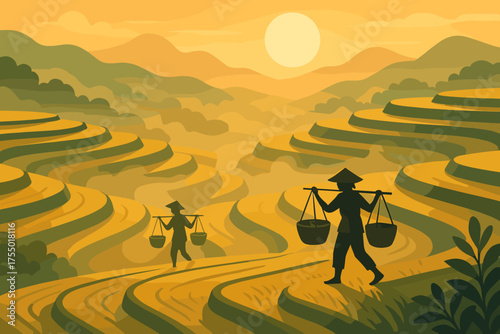 Rice farmers working in terraced fields during sunset in a tranquil landscape