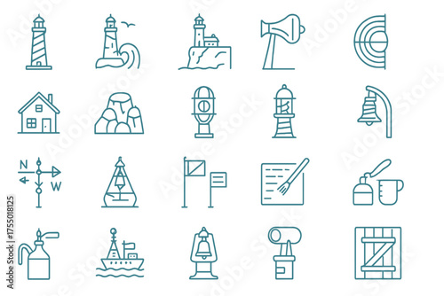 Collection of maritime and navigational symbols depicting lighthouses, ships, and coastal elements in a clean, minimal style
