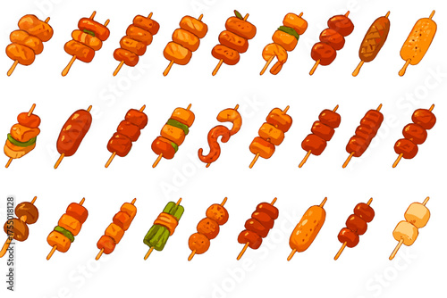 Different types of skewered snacks from various cuisines displayed on sticks