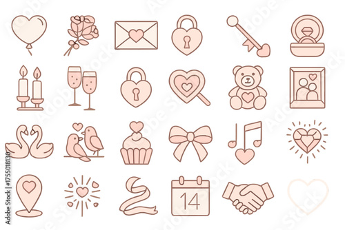 Valentine's Day celebration symbols featuring hearts, roses, gifts, and romantic elements for a love-filled occasion