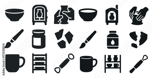 Pottery and ceramics icons set – solid, craft, art and design symbols