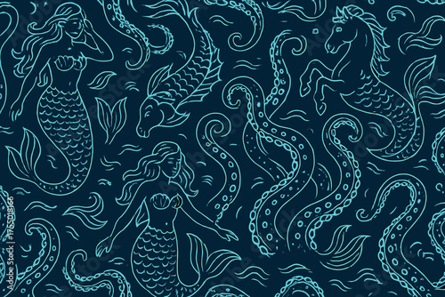 Fantasy underwater scene featuring mermaids, a unicorn, and octopus tentacles in a whimsical design