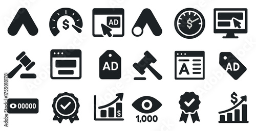 Digital marketing solid icons set – advertising, social media, promotional tools