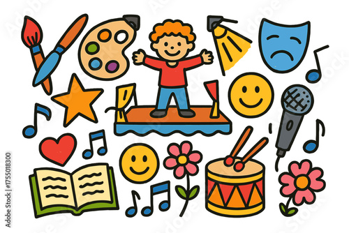 Artistic Doodle Icons. Artistic Expression. Colorful Hand-drawn doodle Children illustration paintbrush, palette, performer, stage, spotlight, mask, book,