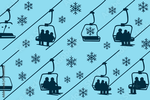 Ski lift transporting people against a snowy blue background during winter season