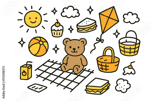 Playful Picnic Illustrations. Kids? Picnic. Hand-drawn doodle illustration teddy bear (colored), basket, juice box (colored), cupcake, ball (colored), blanket,