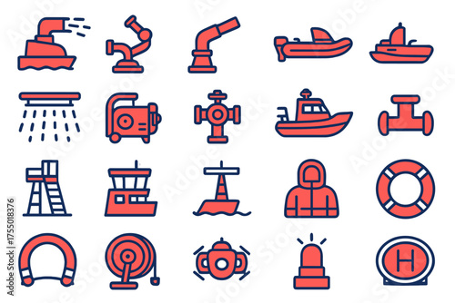 Icons representing various maritime safety equipment and activities for boats and ships in a simple and colorful design