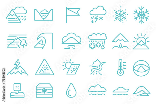 Weather and nature icons featuring mountains, clouds, and various weather conditions in a simple design