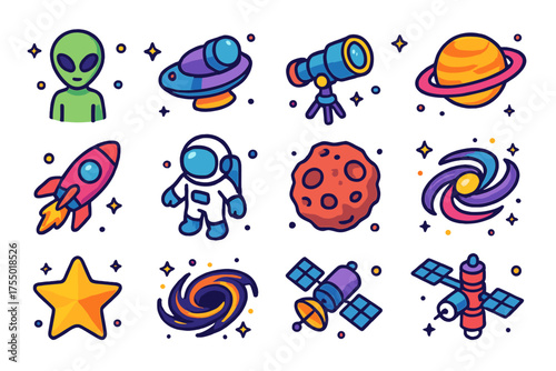 Cosmic Mystery Icons. Cosmic Mysteries. Colorful isometric vector icons set of cosmic mysteries: alien, UFO, telescope, planet, rocket, astronaut, asteroid,