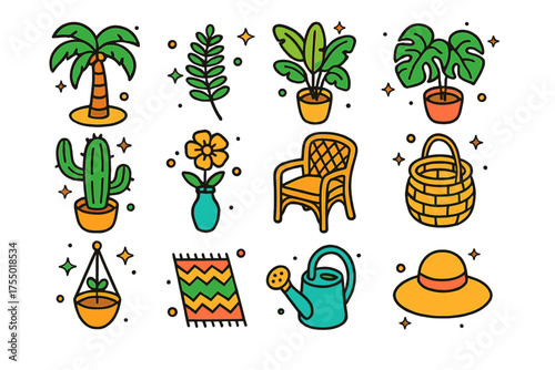 Colorful Tropical Decor Icons. Tropical Decor. Colorful isometric vector icons set of tropical decor: palm tree, fern, banana plant, monstera, cactus, flower