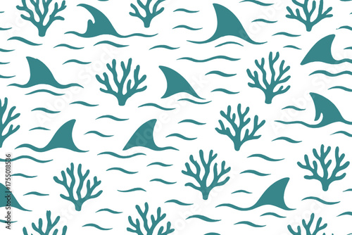Pattern design featuring sharks and coral in blue and white ocean theme suitable for various creative projects