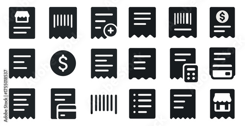 Receipt and billing solid icons set – filled, invoice, payment symbols